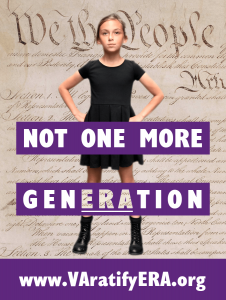 Young girl standing infront of Constitution with hands on her hips saying, "Not one more generation."