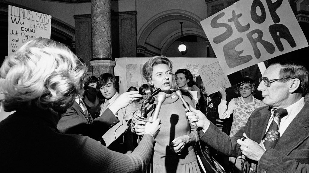 Phyllis Schlafly speaking to reporters at Stop ERA protest.  