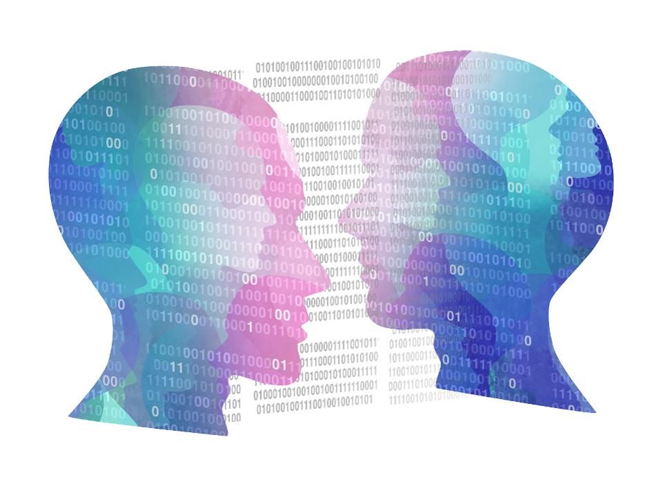 Two faces and tech print overlapping.